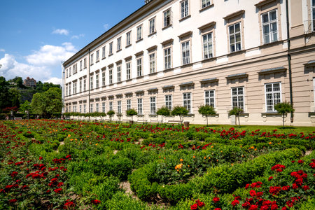 Salzburg, AT â June 7, 2023 View of Mirabell Palace's Rose Garden with its ornamental rose beds is located directly south of Schloss Mirabell.のeditorial素材