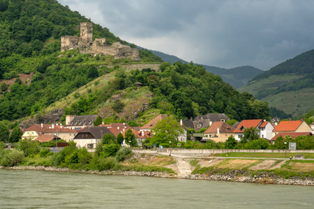 Spitz, Lower Austria - AT - June 8, 2023 landscape view of picturesque hilltop Hinterhaus Castle, also known as the Oberhaus. The ruins are near the village of Spitz.のeditorial素材