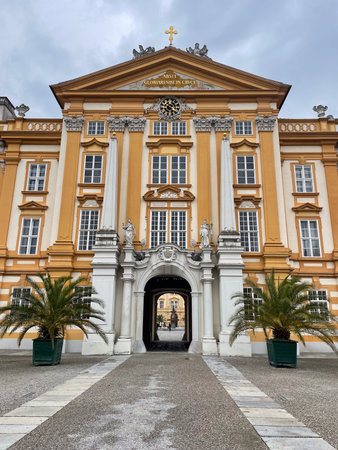 Melk, Lower Austria - AT - June 8, 2023 Entrance to the historic Melk Abbey, a Benedictine abbey built on a rocky outcrop overlooking the Danube river, adjoining the Wachau valley.のeditorial素材