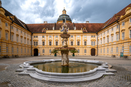 Melk, Lower Austria - AT - June 8, 2023 Horizontal wide angle view of the Prelates courtyard of Melk Abbey in Wachau Valley.のeditorial素材