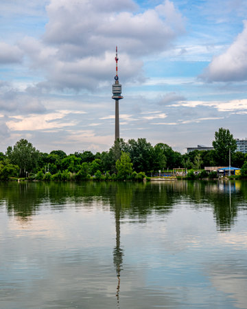 Vienna, AT - June 9, 2023 Landscape view of the Donauturm, a tower on the north bank of the Danube River in Vienna. Built by architect Hannes Lintl.のeditorial素材