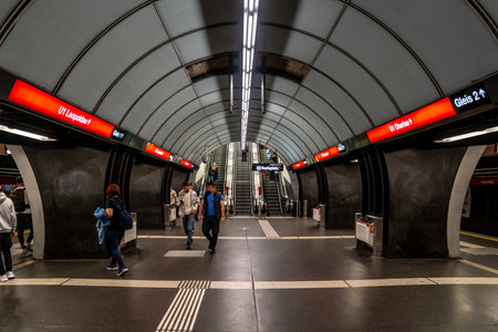 Vienna, AT â June 9, 2023 - Horizontal view of the Vienna U-Bahnâs Karlsplatz station, connecting the U1, U2 and U4 lines.のeditorial素材