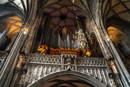 Vienna, AT - June 9, 2023 Horizontal view of pipe organs of St. Stephen's Cathedral located in Stephansplatz. A Roman Catholic Mother Church.のeditorial素材