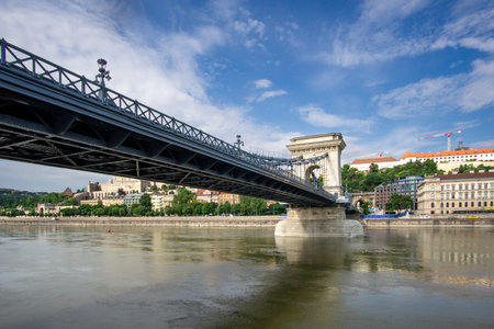 Budapest, HU â June 11, 2023 Wide landscape view the SzÃ©chenyi Chain Bridge, a chain bridge that spans the River Danube between Buda and Pest.のeditorial素材
