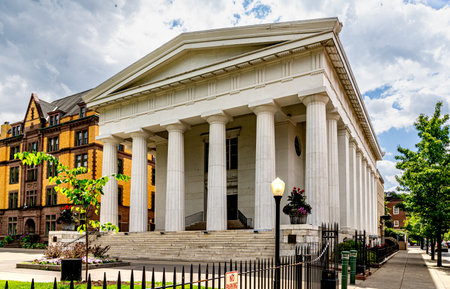 Troy, NY â US â Aug 13, 2023 The Greek Revival building, Bush Memorial Center, part of Russell Sage College in downtown Troy. It was designed in 1836 by James Dakin as the First Presbyterian Church.のeditorial素材