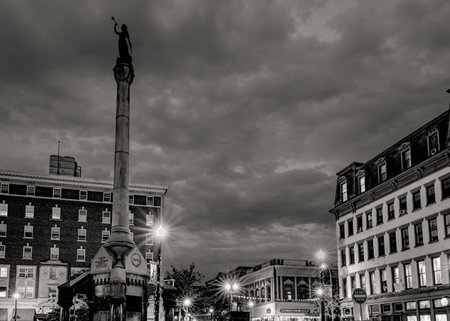 Troy, NY â US â Sept 2, 2023 Black and white view of of Monument Square. The monument sits on the triangle piece of land between 2nd, Broadway, and River St. A popular area of restaurants and shops.のeditorial素材