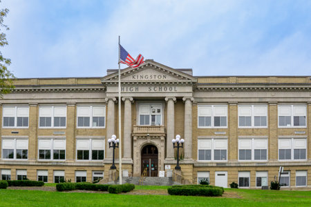 Kingston, NY - US - Sept 24, 2023 Close up image of the main entrance to the historic Kingston High School, located at 403 Broadway in Kingston, New Yorkのeditorial素材