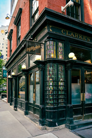 New York, NY â US - Oct 11, 2023 a view of historic P. J. Clarke's, a saloon, established 1884. It occupies a building located at 915 Third Avenue on the northwest corner of East 55th St in Manhattan.のeditorial素材