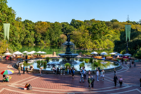 New York, NY - US - Oct 11, 2023 View of visitors around the historic Bethesda Fountain. Located in the center of the terrace. Central Park in Manhattan, New York City.のeditorial素材