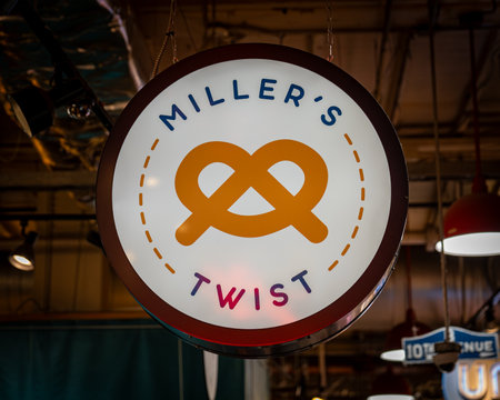 Philadelphia, PA â US â Oct 14, 2023 The neon sign for Millerâs Twist in the historic Reading Terminal Market, an enclosed public market located in Center City section of Philadelphiagのeditorial素材