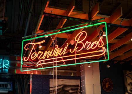 Philadelphia, PA â US â Oct 14, 2023 The neon sign for Termini Brothers Bakery in the historic Reading Terminal Market, an enclosed public market located in Center City section of Philadelphiaのeditorial素材
