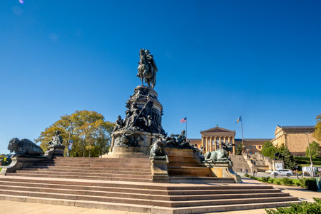 Philadelphia, PA â US â Oct 13, 2023 The bronze and granite Washington Monument Fountain, located on Eakins Oval in front of Philadelphia Museum of Art, Designed by sculptor Rudolf Siemering.のeditorial素材