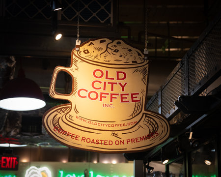 Philadelphia, PA â US â Oct 14, 2023 Old City Coffee hanging sign at the historic Reading Terminal Market, an enclosed public market located in Center City section of Philadelphia.のeditorial素材