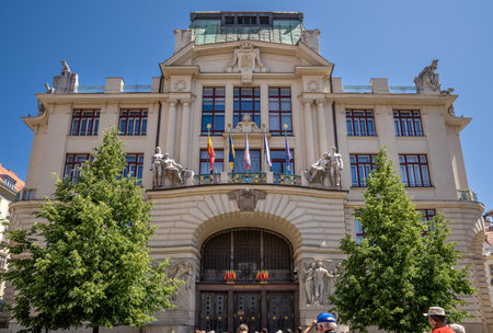 Prague, Bohemia â CZ â June 3, 2023 NovÃ¡ radnice or the Prague New City Hall. The central administrative building of Prague in the centre of the Old Town, Prague 1, across from the Clementinum.のeditorial素材