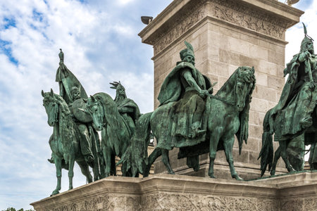 Budapest, HU â June 11, 2023  Closeup view of the Seven chieftains of the Magyars, Statues of the column, part of the Millennium Monument in Budapestâs Heroes' Square.のeditorial素材