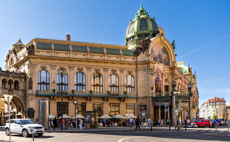 Prague, Bohemia â CZ â June 3, 2023 View of the Municipal House, a civic building that houses Smetana Hall, a celebrated concert venue, in Prague.のeditorial素材