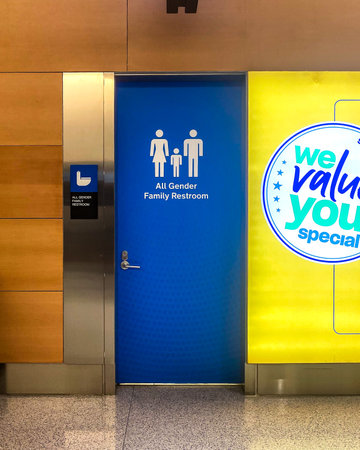 Newark, NJ - US - Feb 10, 2024 Interior view of an All gender family restroom at Newark International Airportâs modern Terminal A. Spacious and inclusive design for all travelers.のeditorial素材