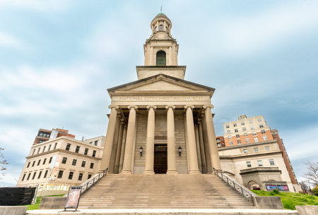 Washington DC - US - Mar 22, 2024  Landscape view of the neoclassical National City Christian Church, with a well-proportioned tower. Notable landmark of Thomas Circle Built in 1930.のeditorial素材