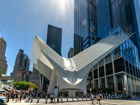 New York, NY â€“ US â€“ June 7, 2024 Visitors stroll past the white marble Oculus, where...