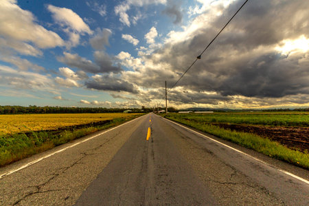 A long rural road cuts through farmlands in Pine Island, Orange County, NY, beneath dramatic skies...