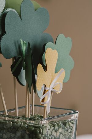 St Patricks Day vase arrangement with green clovers- landscape02の写真素材