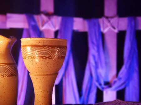 Holy Week With Communion Set Purple Lights with Two Crosses in Backdrop02の写真素材