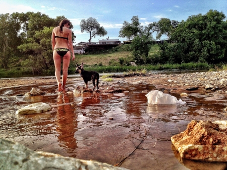 Woman and German Shephard puppy in a lakeの素材