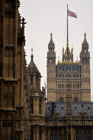 The flag of the United Kingdom flies from Victoria Tower at the Palace of Westminster, London 