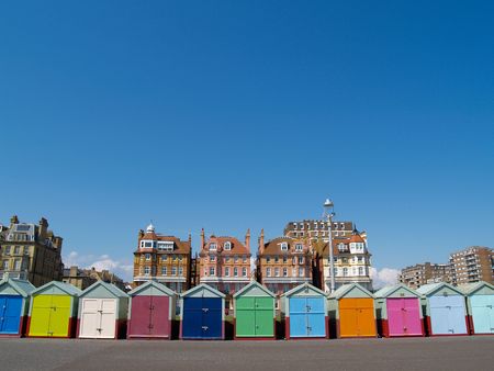 Beach huts with brightly coloured doors.の写真素材