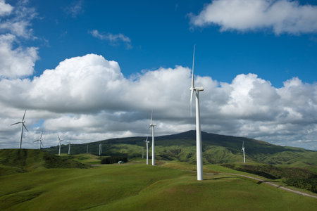 Farm with wind turbines.