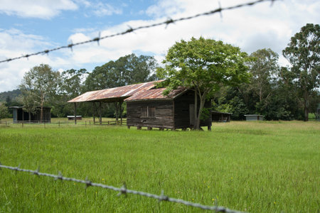 Old shed through iconic barbed wire fence 