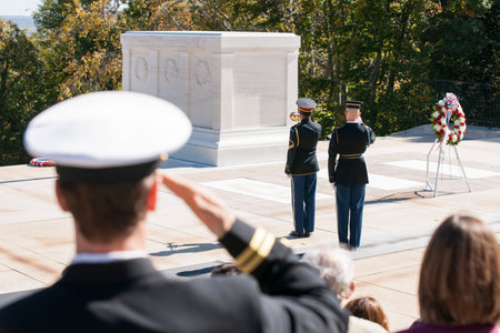 ARLINGTON, USA - OCTOBER 26, 2014; Changing of the Guard ceremony at Arlington Cemetery, Grave of...
