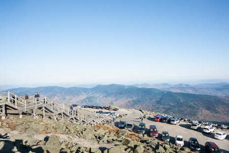 MOUNT WASHINGTON, USA -OCTOBER 7; scenic view over mountainous landscape on October 7, 2014 on Mount Washington, USA. Tourists and vehicles in the destination for over one million visitors per yearのeditorial素材