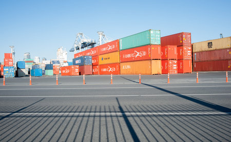 Auckland New Zealand December 26, 2015- Ports of Auckland Container storage area behind barrier...