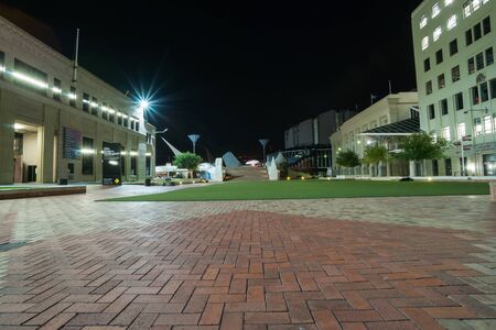 Night scene Civic Square flat public area between Central Library Wellington City Corporation buildings in central Wellington, New Zealandのeditorial素材