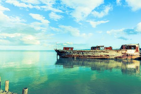 Disused and wasting away wooden barge in the Firth of Thames at Miranda New Zealandのeditorial素材