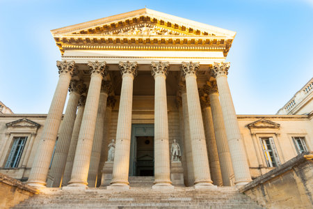 Steps leading to entrance between columns Court of Law building in Montpellier, France