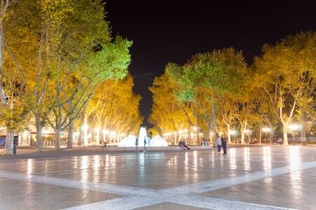 Place de la Comedie Fountain and tree lined promenade under night lights and long exposure blurring people at one end Place de la ComÃÂ©die Montpellier France urban & architecturalの写真素材