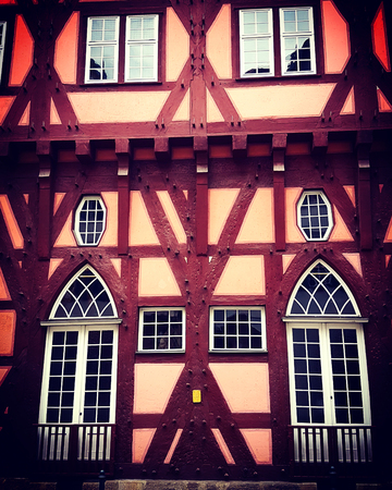 Example traditional German half timber building style home entrances in Esslingen, near Stuttgart Germany.の写真素材