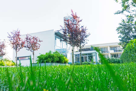 ROTTERDAM, HOLLAND- AUGUST 23, 2017; Low point of view lawn and gardens of historic 1930's residence known as Sonneveldt House  preserved in it original art deco style as a museumのeditorial素材