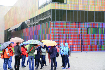 MUNICH GERMANY _ SEPTEMBER 10 2017;  Modern bright exterior of Pinakothek Moderne art museum in the...
