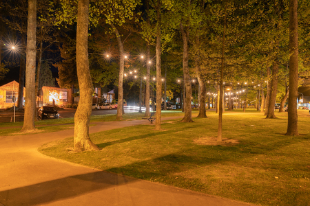 HANMER SPRINGS, NEW ZEALAND - OCTOBER 8 2018; tree lined Amuri Avenne in the spa tourist town with the advertising signs on buildings illuminated by street lights.のeditorial素材