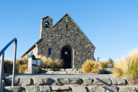 Stone steps leading to entrance of iconic  Church of Good Shepherd at Lake Tekapo, New Zealandの写真素材