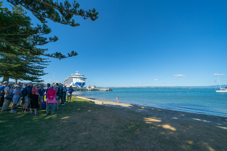 MOUNT MAUNGANUI NEW ZEALAND - FEBRUARY 10 2019:  Group of cruise ship passengers stand in shade on side of Piulot Bay listening to tour guideのeditorial素材