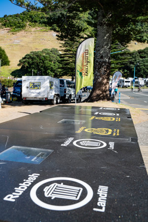 TAURANGA NEW ZEALAND - MARCH 3 2019; Signage on  public waste bins to encourage separating recycly...