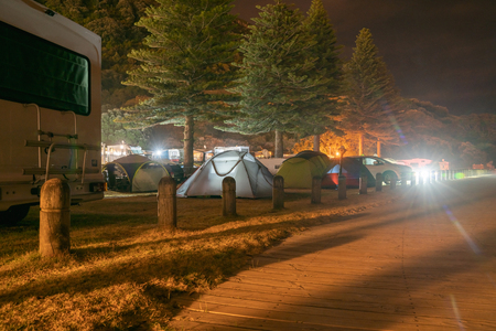 Camping site under trees beside boardwalk at Mount Maunganui with lights showing in tents.の写真素材