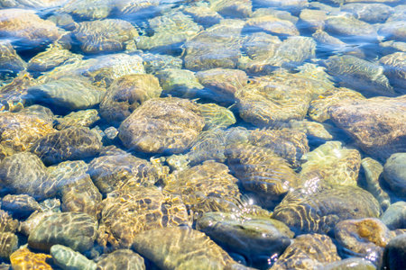 River stones under clear, clean and fresh cool water