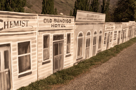CLYDE NEW ZEALAND - OCTOBER 22 2019; Mock streetscpe buildings facade decorating street in small...
