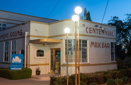 RANFURLY NEW ZEALAND - OCTOBER 22 2018; Heritage art deco style Centennial Milk Bar  building faithfully restored and maintained as a museumのeditorial素材