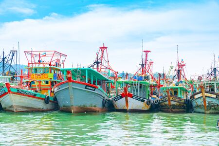 KOTA KINABALU BORNEO - MAY 31 2019; City fishing fleet moored at docks ready to head out again to catchのeditorial素材